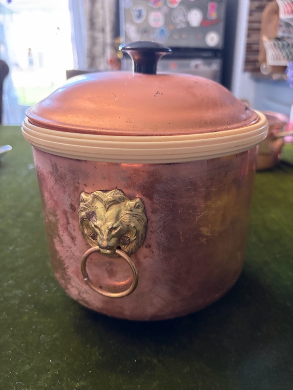 Vintage Copper Canister with Lion Head Ring and Cream Trim